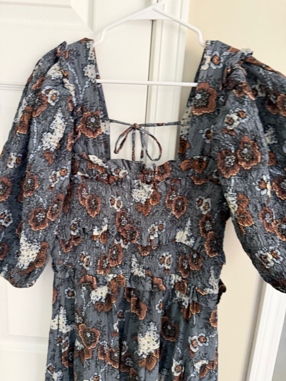 Sea New York Floral Smocked Midi Dress in Slate Blue and Rust